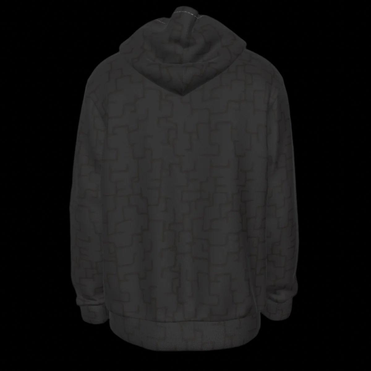 Back of men's pullover hoodie with a hood and front pocket, made of black scuba fabric on a black background.