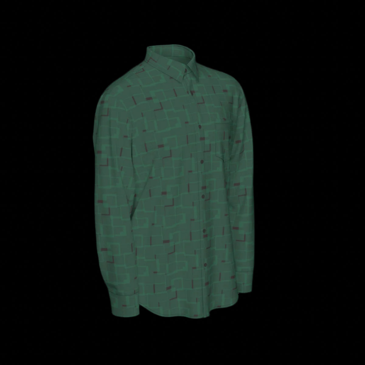 Right side of a green patterned long sleeve shirt on a black background