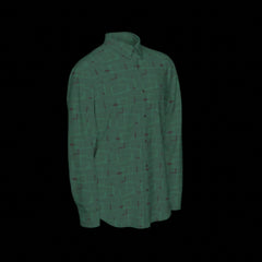 Right side of a green patterned long sleeve shirt on a black background