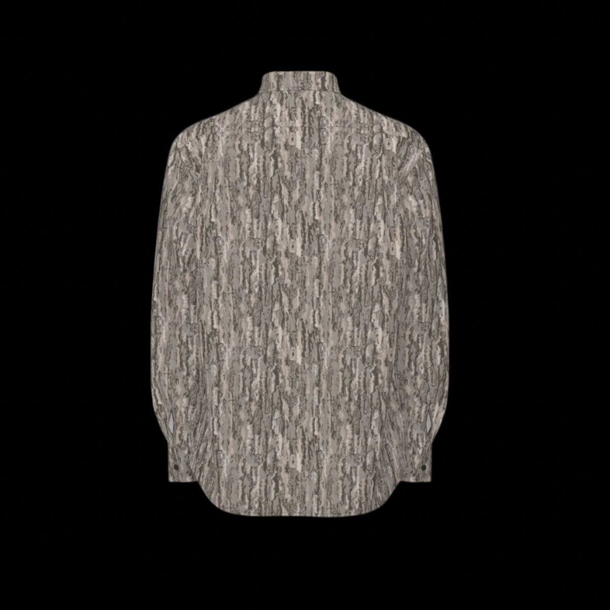 Back of a textured long sleeve shirt on a black background