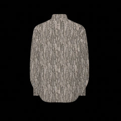 Back of a textured long sleeve shirt on a black background