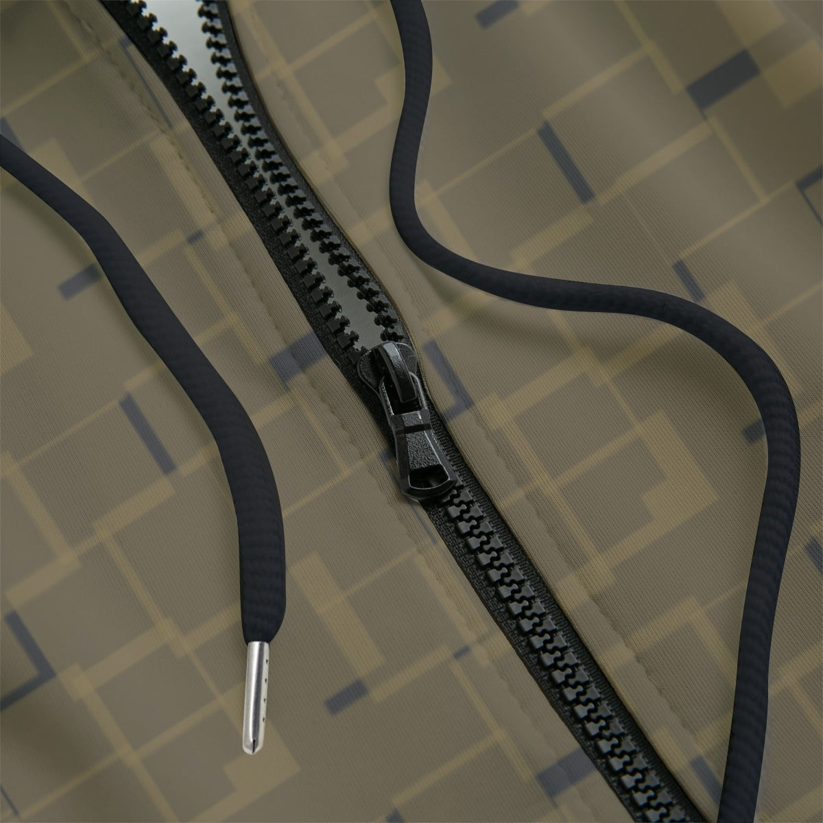 Front detail of hoodie with geometric pattern