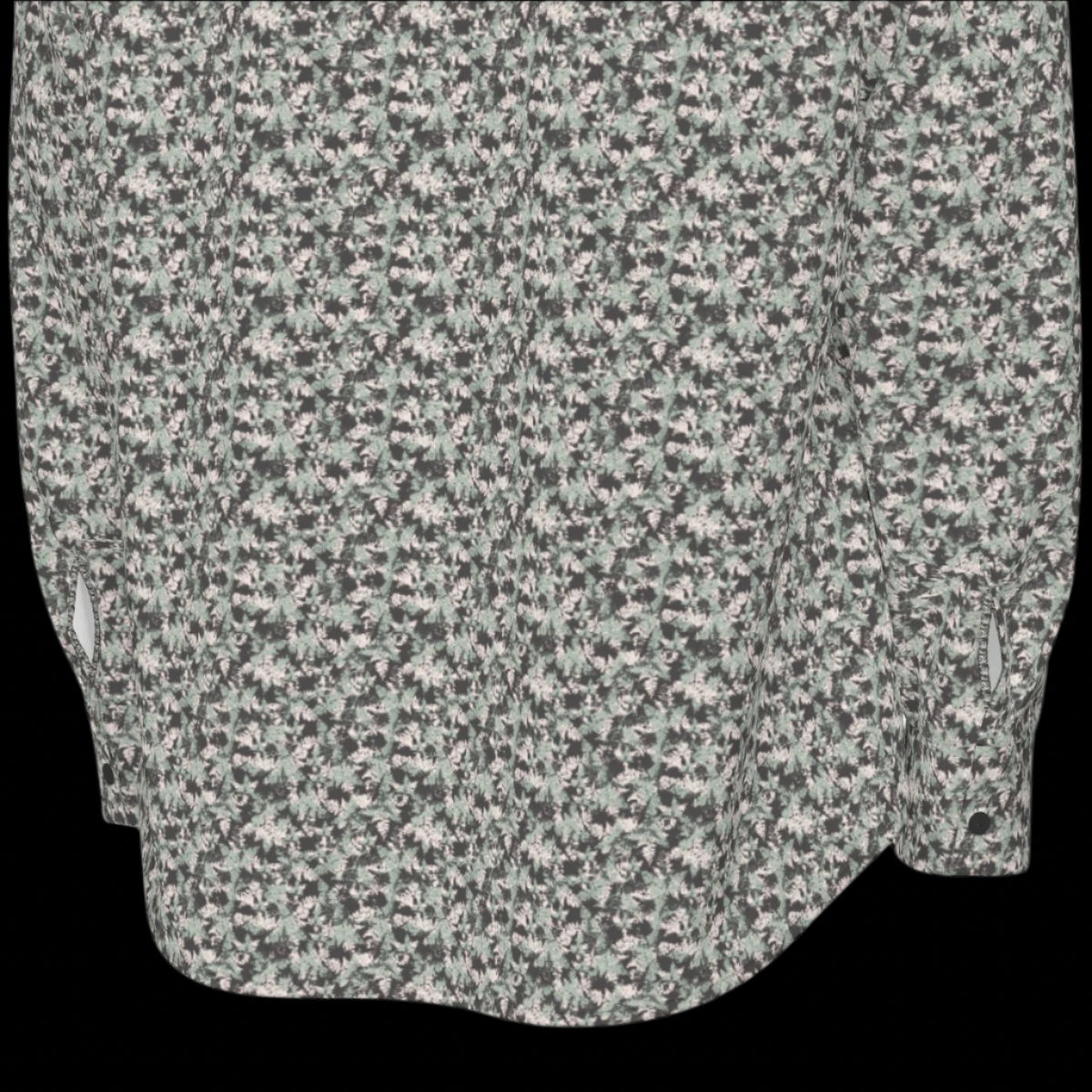 Bottom Back of floral patterned long sleeve shirt on a black background