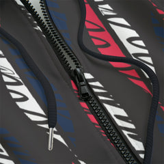 Front detail of a patterned hoodie with geometric design