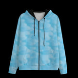 Front of blue hoodie with black drawstrings on a black background