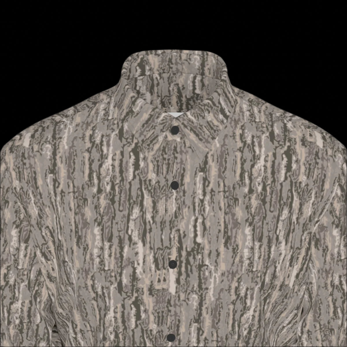 Top front of a textured long sleeve shirt on a black background