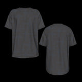 Front and back of black t-shirt shown from front and back on a black background