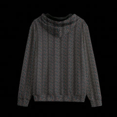 Back of a dark patterned zipper hoodie on a black background