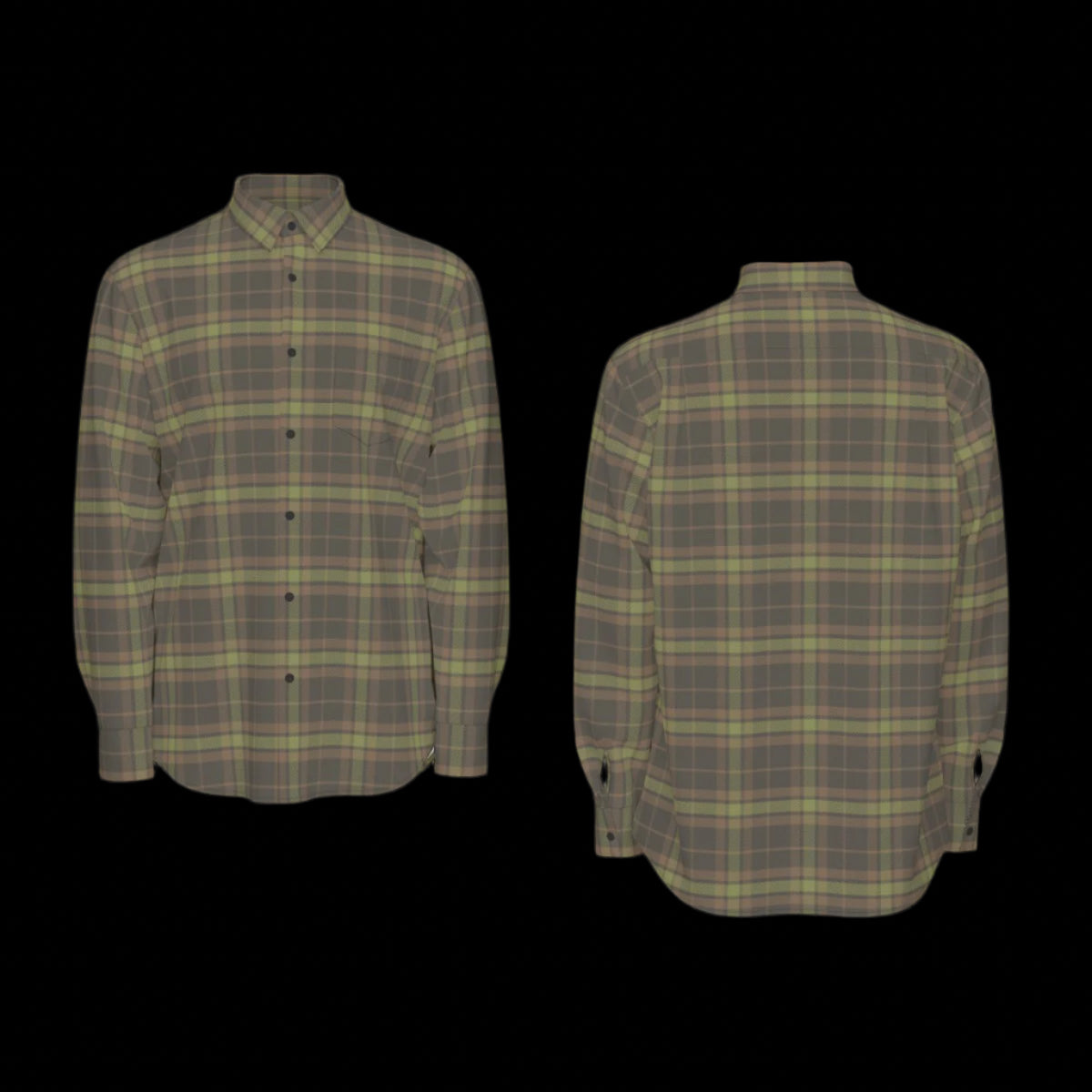 Front and back of a green plaid long sleeve shirt on a black background