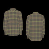 Front and back of a green plaid long sleeve shirt on a black background