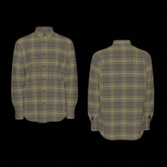 Front and back of a green plaid long sleeve shirt on a black background