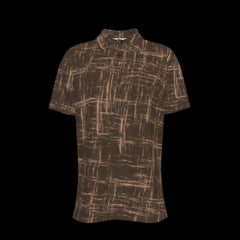 Front of brown patterned shirt on a black background
