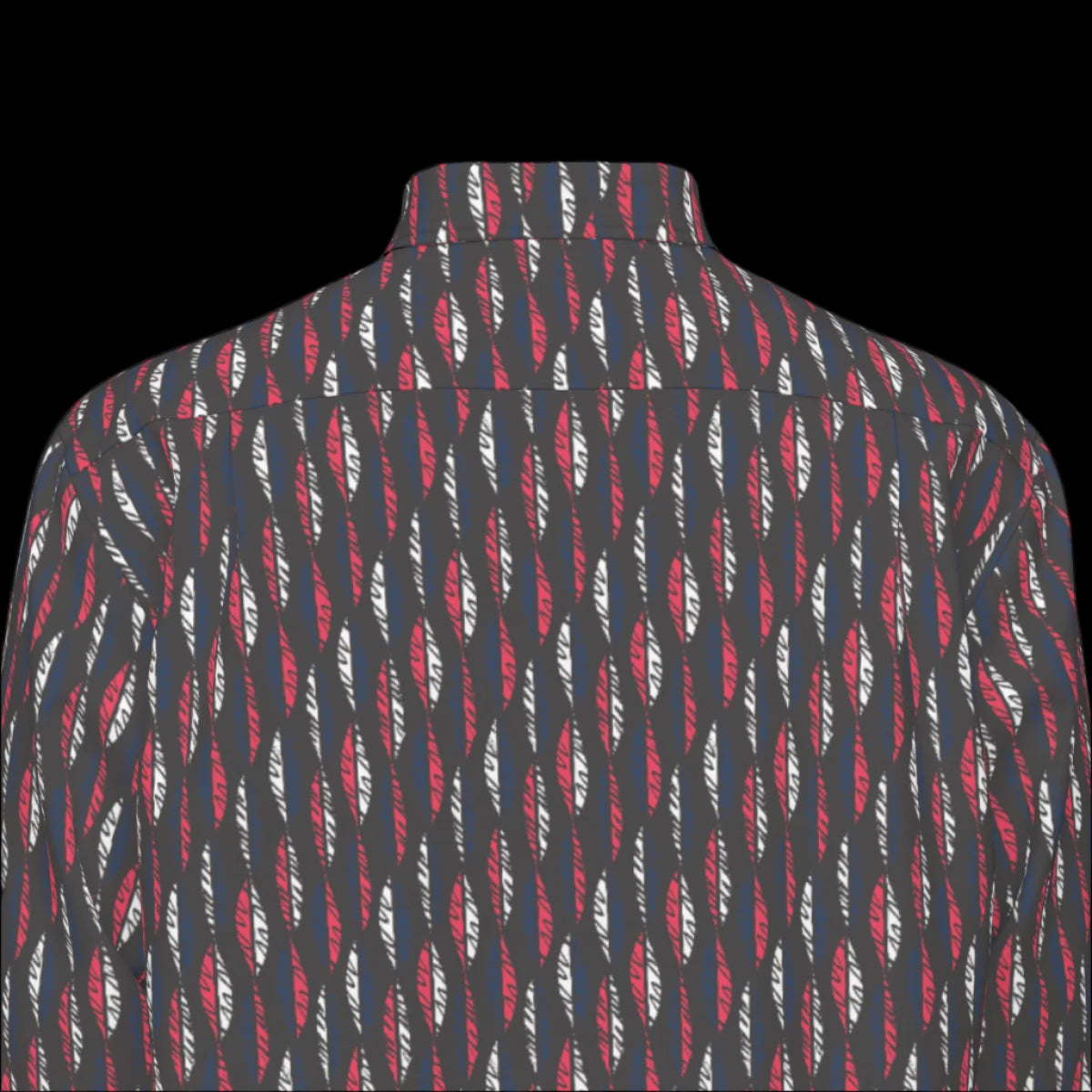Top back of a patterned long sleeve shirt on a black background