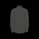 Front of dark gray patterned long sleev shirt on a blech background