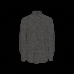 Front of dark gray patterned long sleev shirt on a blech background