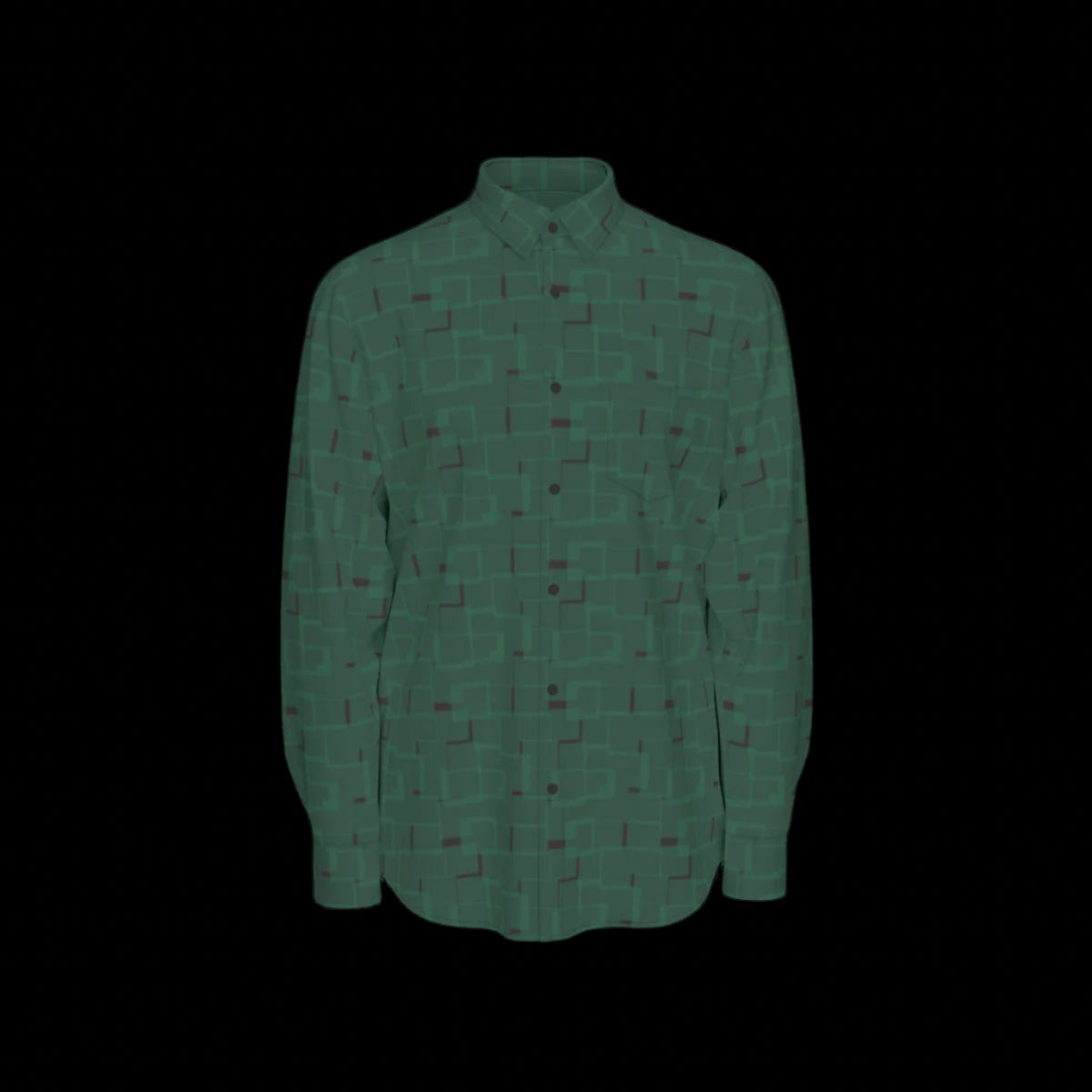 Front of a green patterned long sleeve shirt on a black background