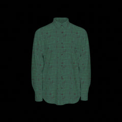 Front of a green patterned long sleeve shirt on a black background