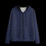 Front of Blue and black patterned hoodie on a black background