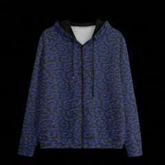 Front of Blue and black patterned hoodie on a black background