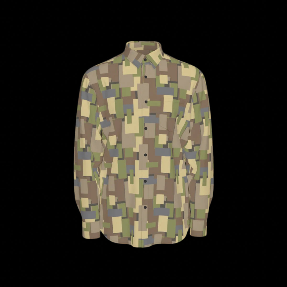 Front of a camouflage-patterned long sleeve shirt on a black background