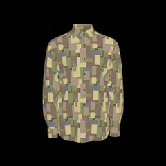 Front of a camouflage-patterned long sleeve shirt on a black background