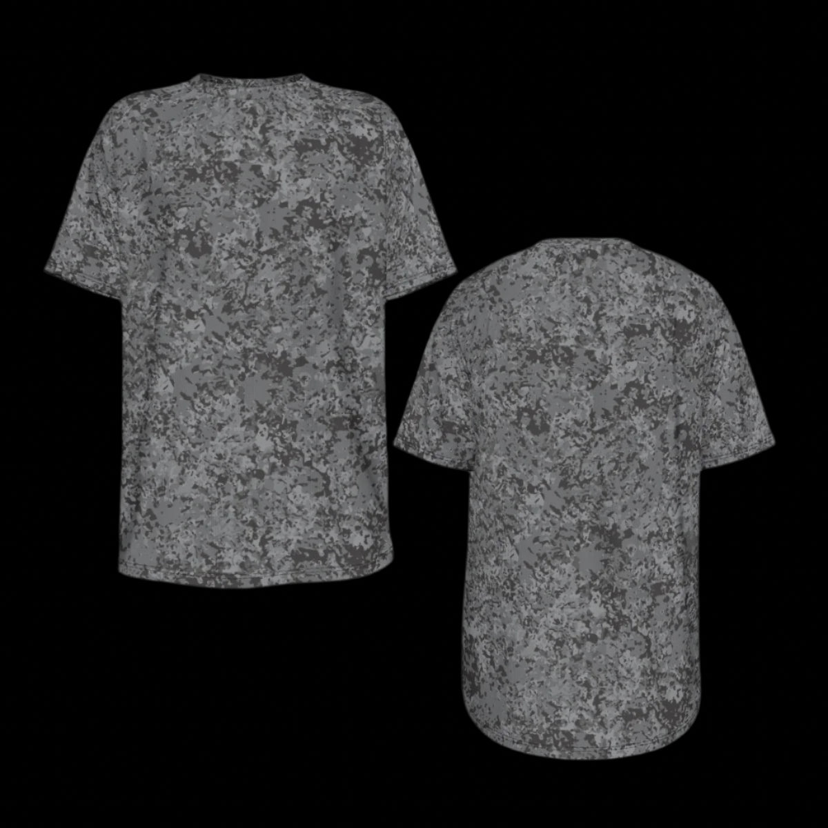Front and back of gray t-shirt with a subtle pattern on a black background