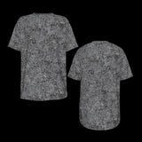 Front and back of gray t-shirt with a subtle pattern on a black background