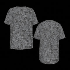 Front and back of gray t-shirt with a subtle pattern on a black background