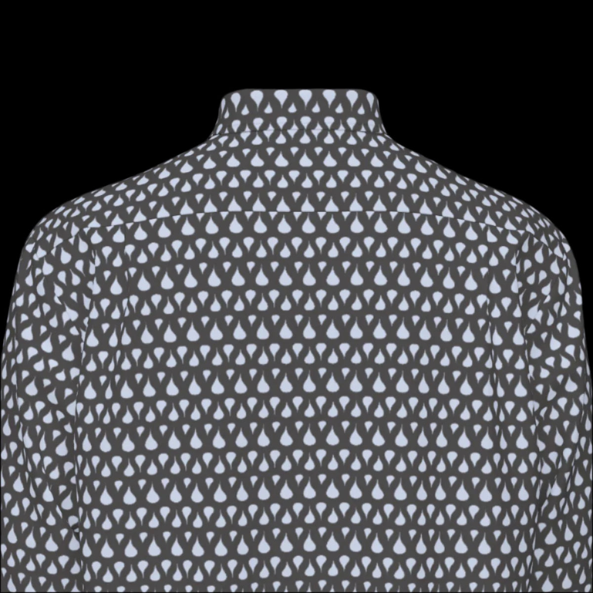 Top back of black and white patterned shirt on a black background