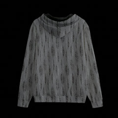 Back of a gray patterned hoodie with black accents on a black background