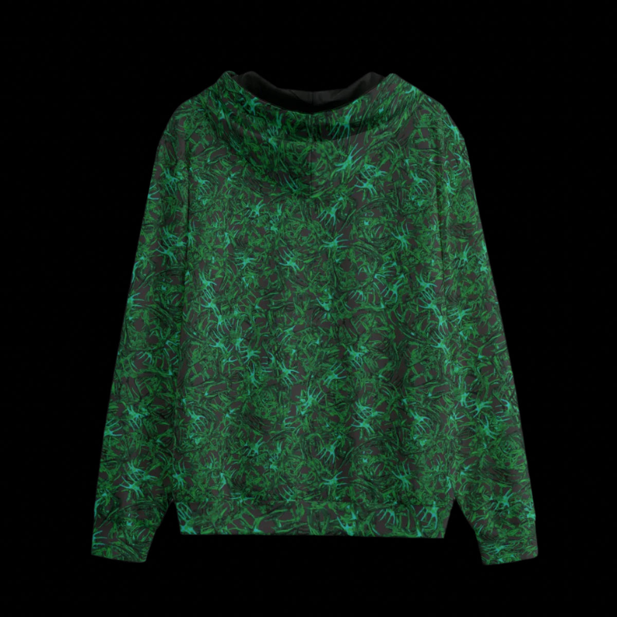 Back of Black zipper camouflage hoodie on a black background