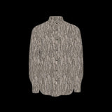 Front of a textured long sleeve shirt on a black background