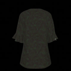 Back of dark green blouse on a black background