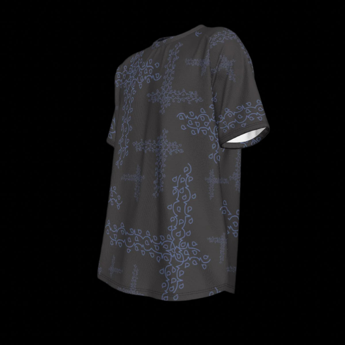Left side of black t-shirt with blue floral patterns on a black background