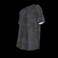 Left side of black t-shirt with blue floral patterns on a black background