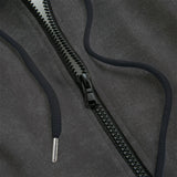 Close-up of a black and grey zipper hoodie