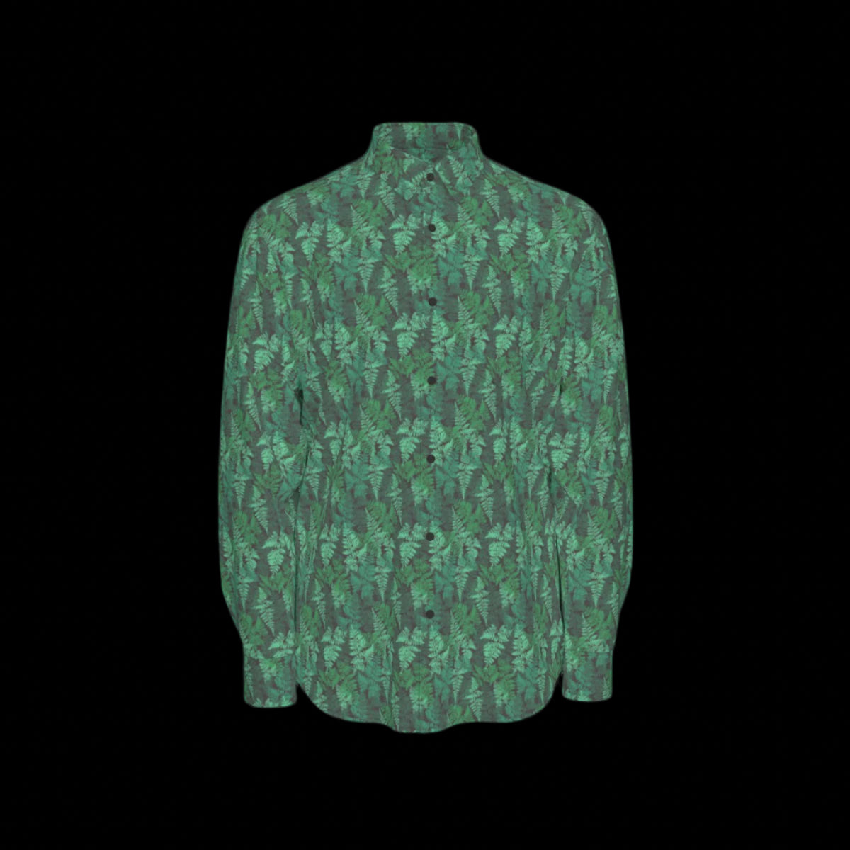 Front of a green camouflage-patterned long sleeve shirt on a black background