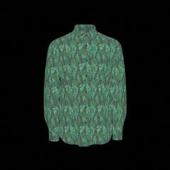Front of a green camouflage-patterned long sleeve shirt on a black background