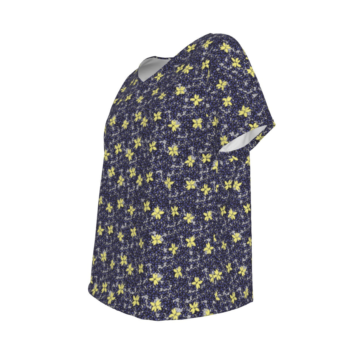 All-Over Women's V-Neck Short Sleeve T-shirt / Blue Yellow Floral Bouquet Design