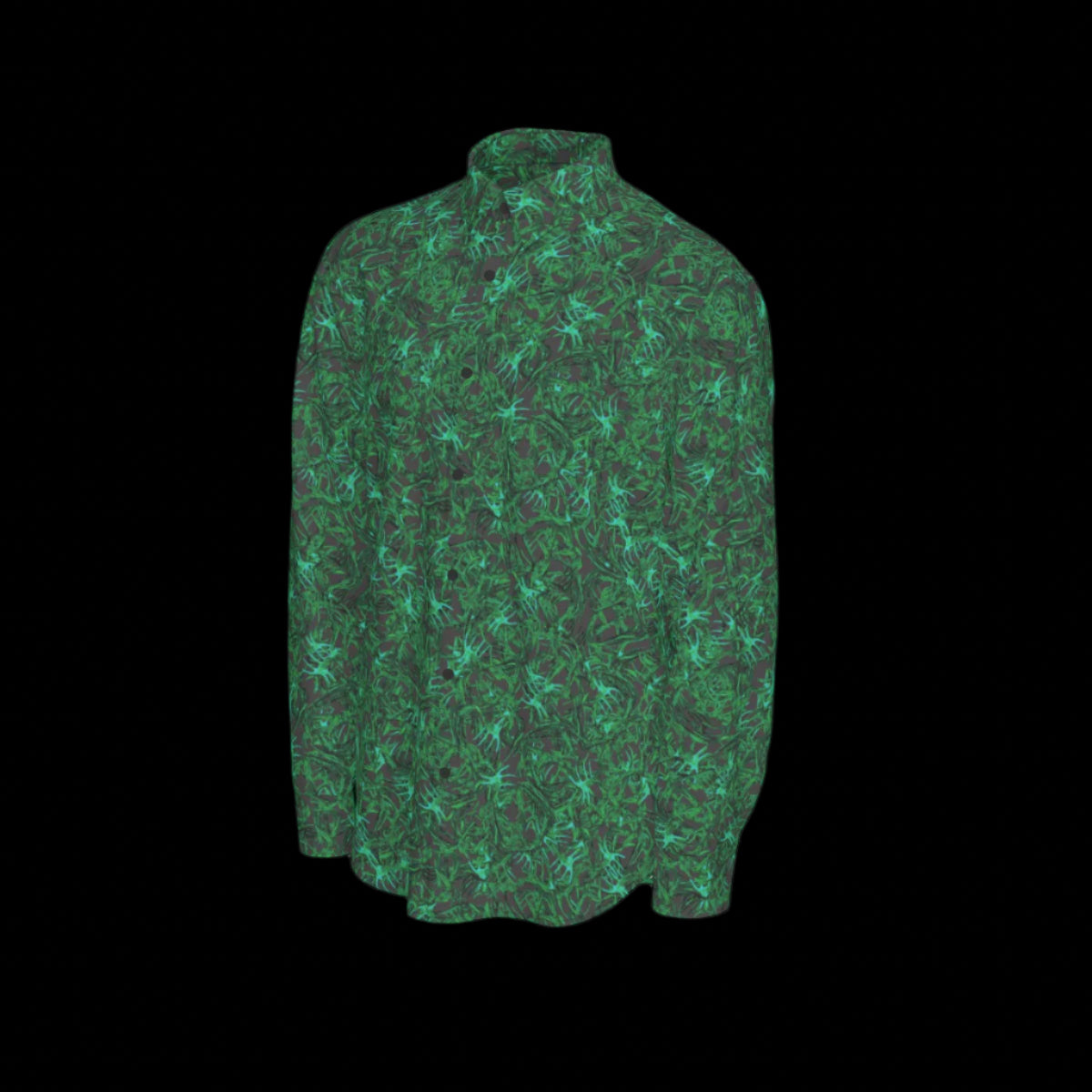 Left side of a green patterned long sleeve shirt on a black background