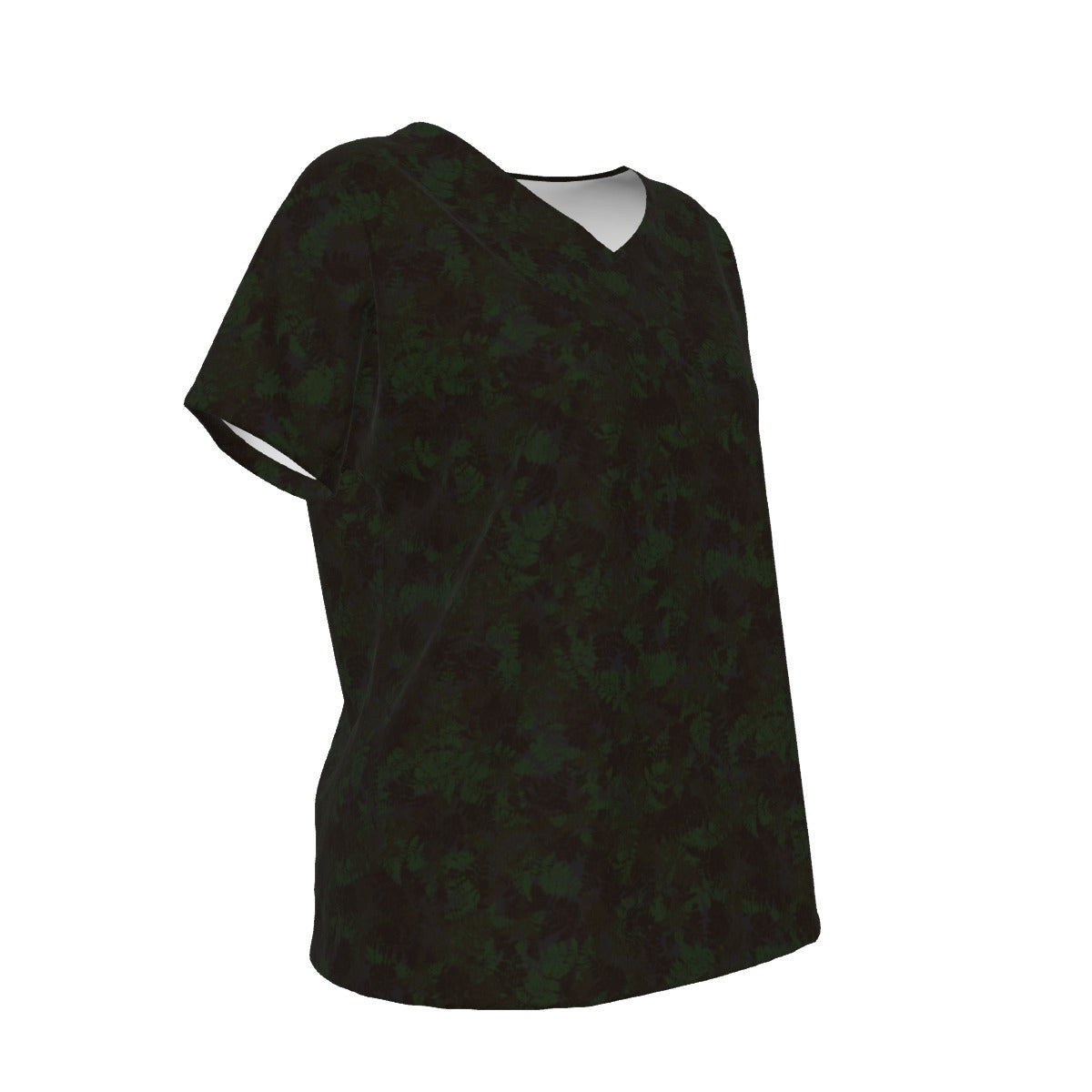 Women's V-Neck Short Sleeve T-shirt / Dark Green Fern Design