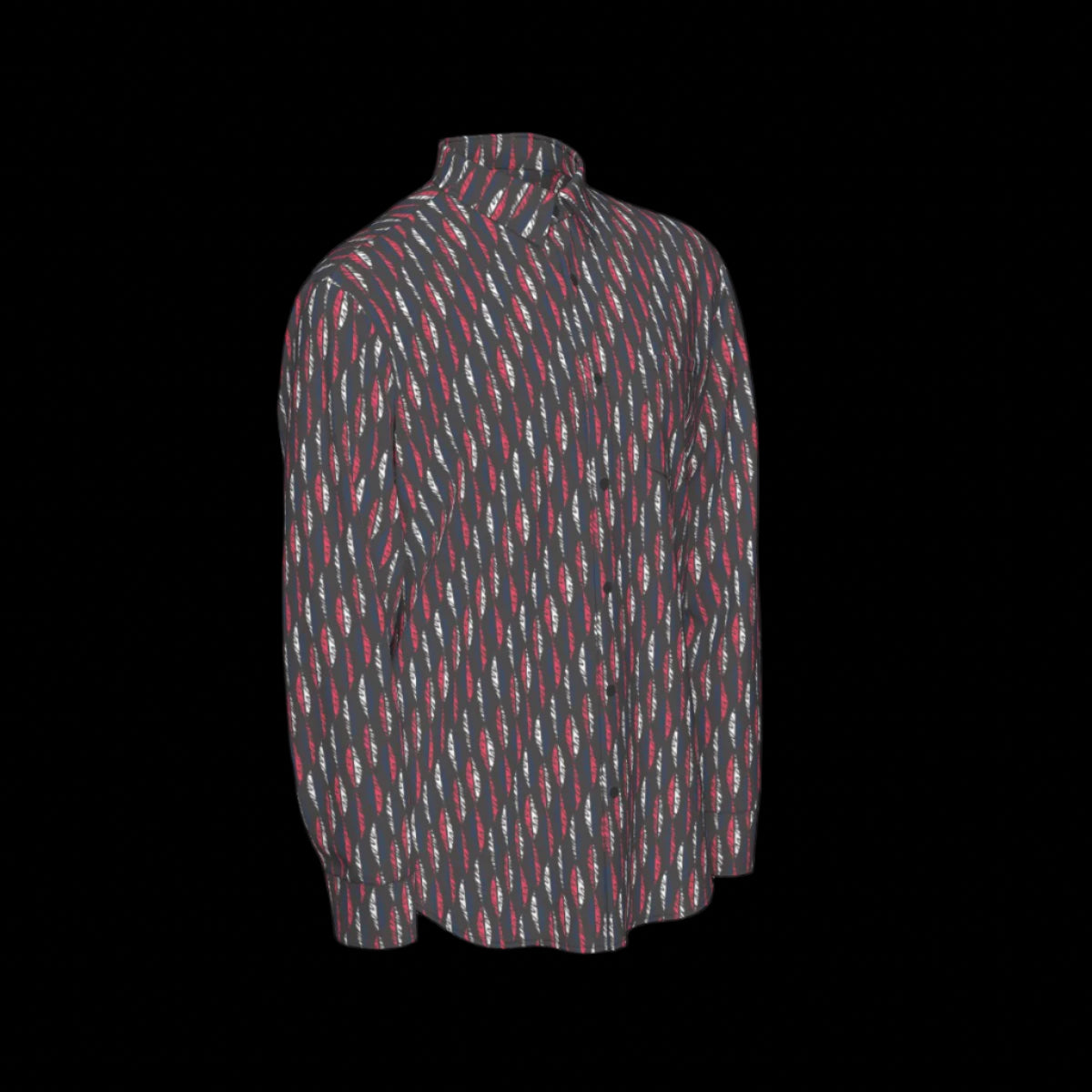 Right side of a patterned long sleeve shirt on a black background