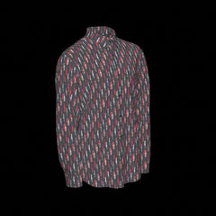 Right side of a patterned long sleeve shirt on a black background
