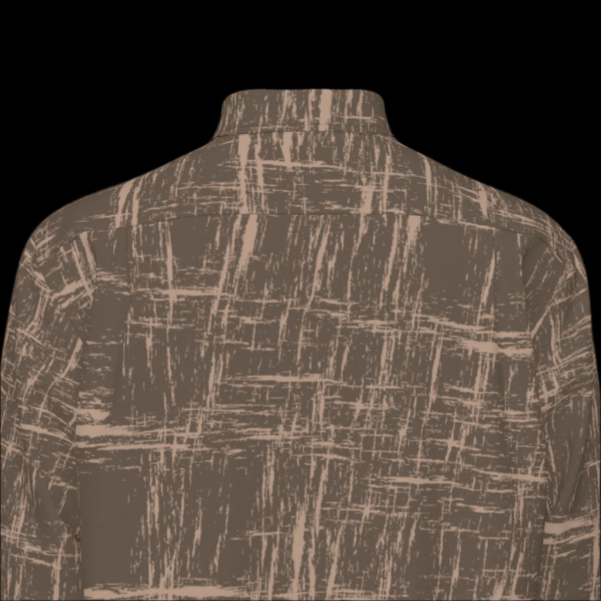 Top of back of brown patterned shirt shown from front and back on a black background