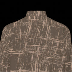 Top of back of brown patterned shirt shown from front and back on a black background