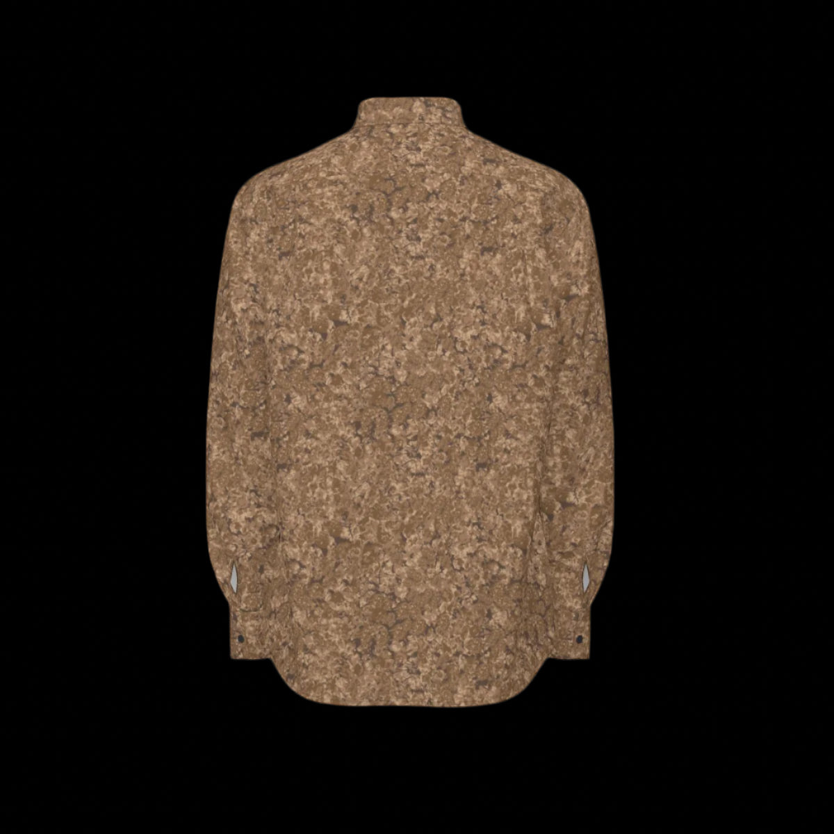 Back of brown patterned long sleeve shirt on a black background