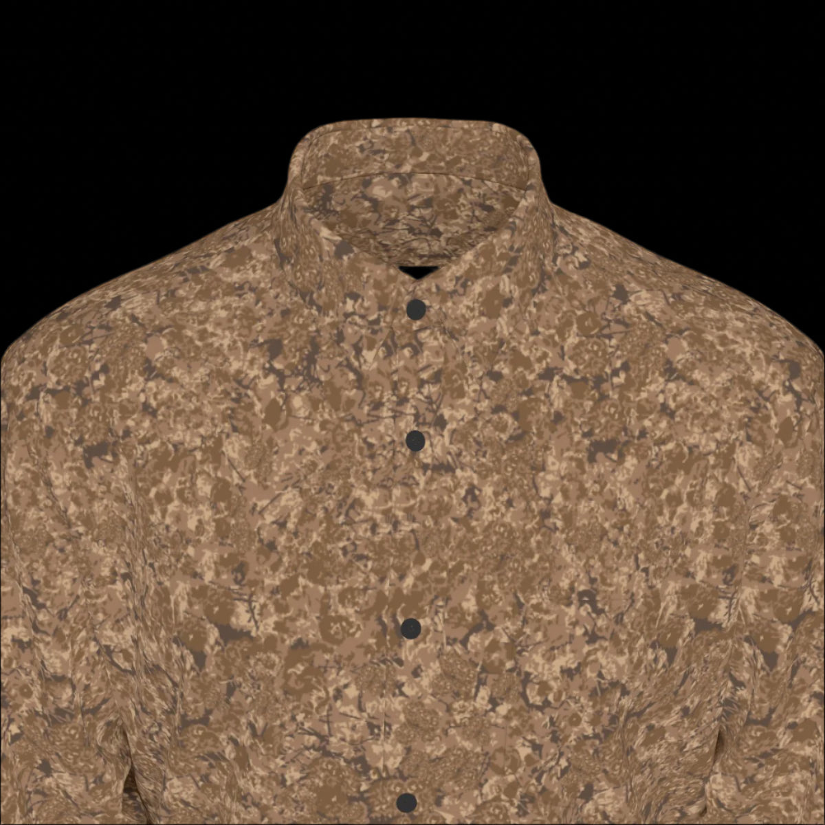 Top front of brown patterned long sleeve shirt on a black background
