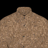 Top front of brown patterned long sleeve shirt on a black background