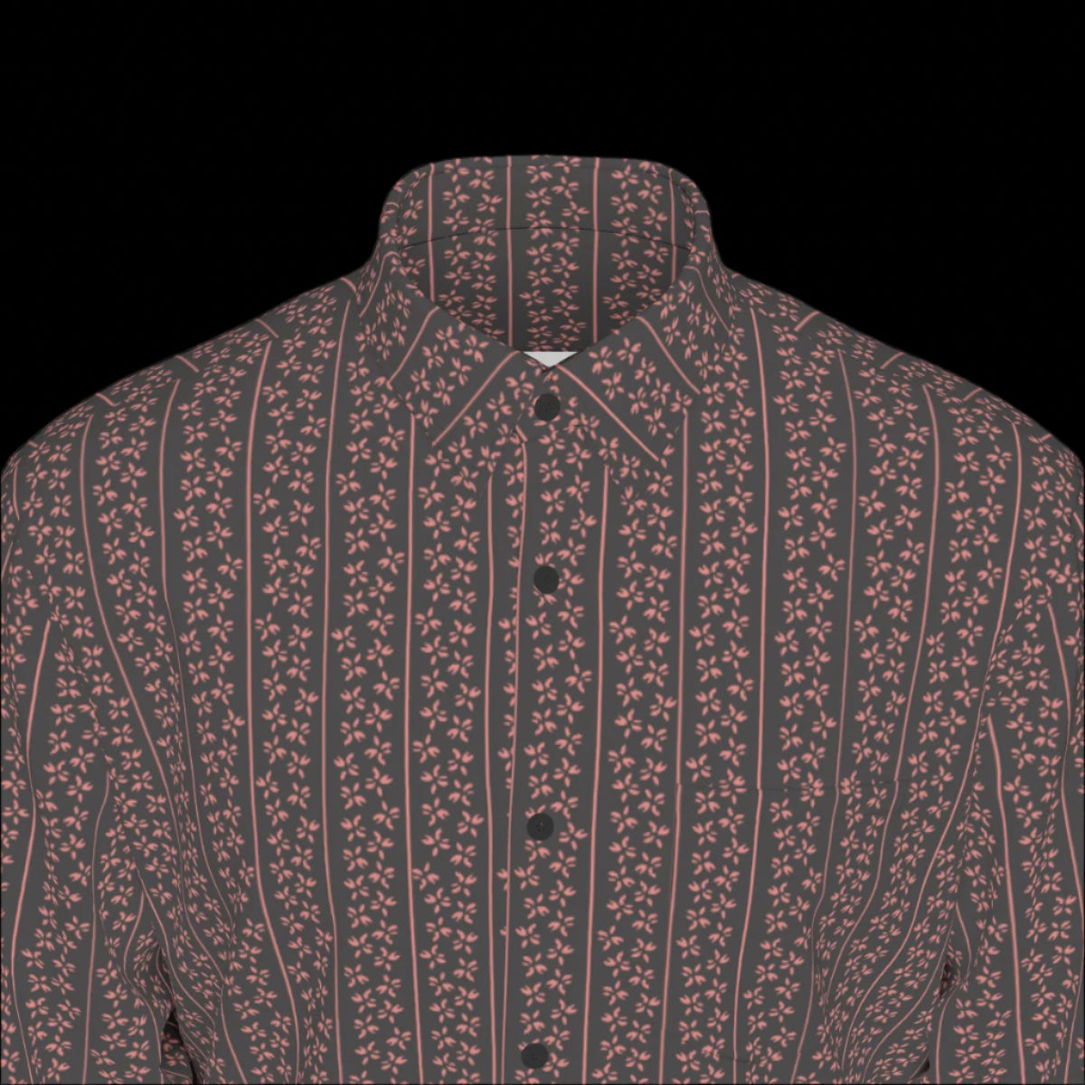 Top front of a long sleeved patterned shirt on a black background