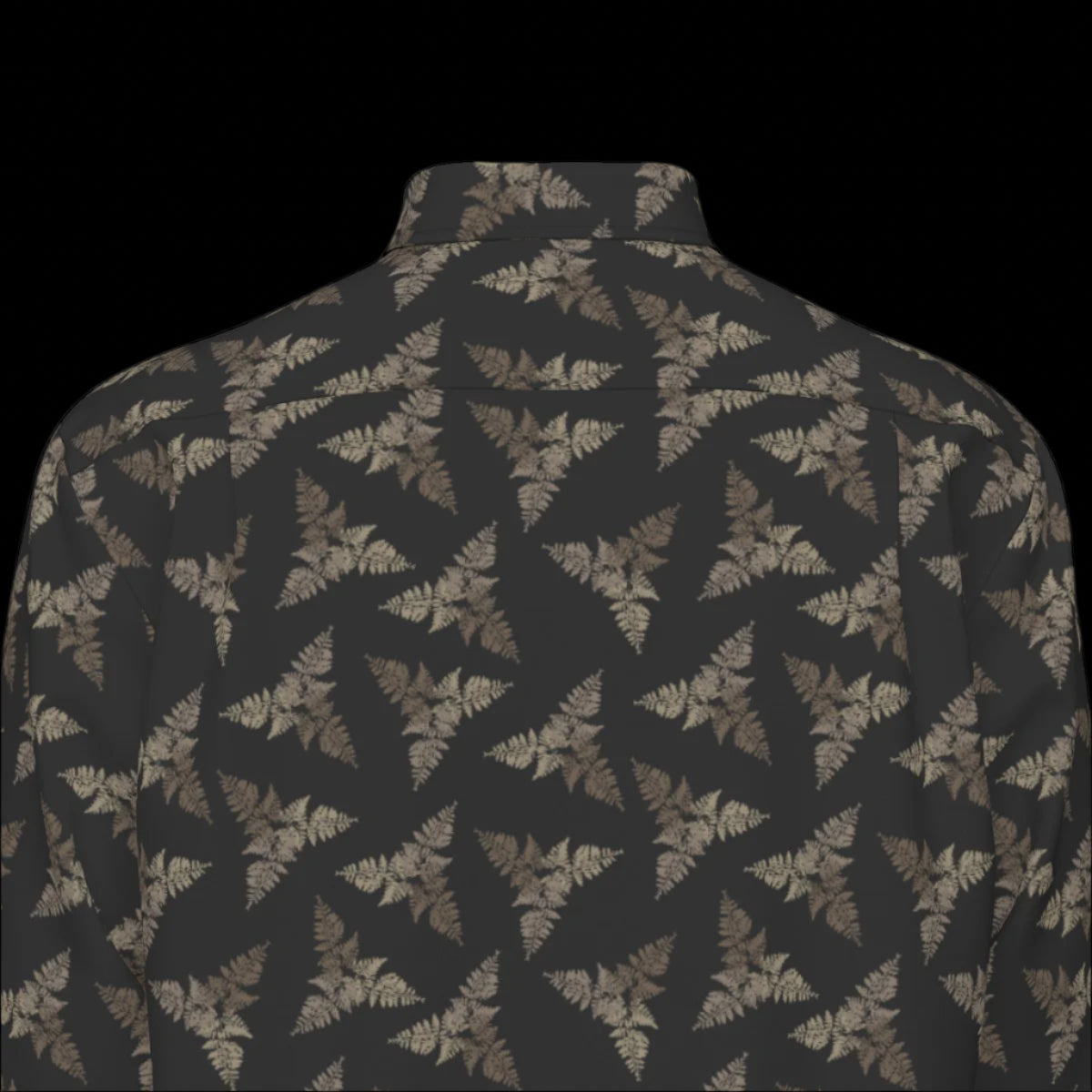Top back of a patterned long sleeve shirt on a black background